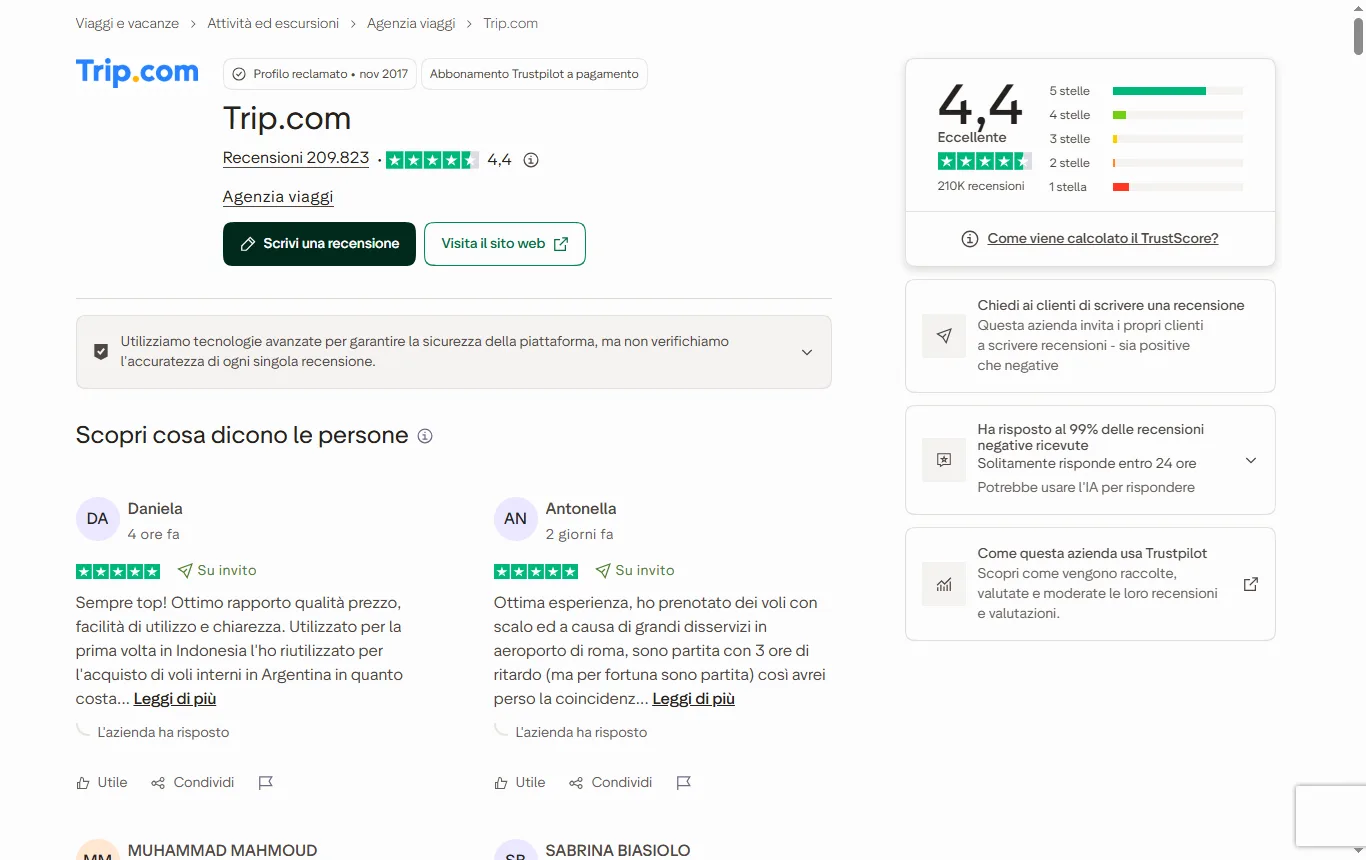 Schermata di it.trustpilot.com : pagina Trustpilot di Trip.com (it.trustpilot.com/review/trip.com), parte alta con punteggio, numero di recensioni e distribuzione delle stelle