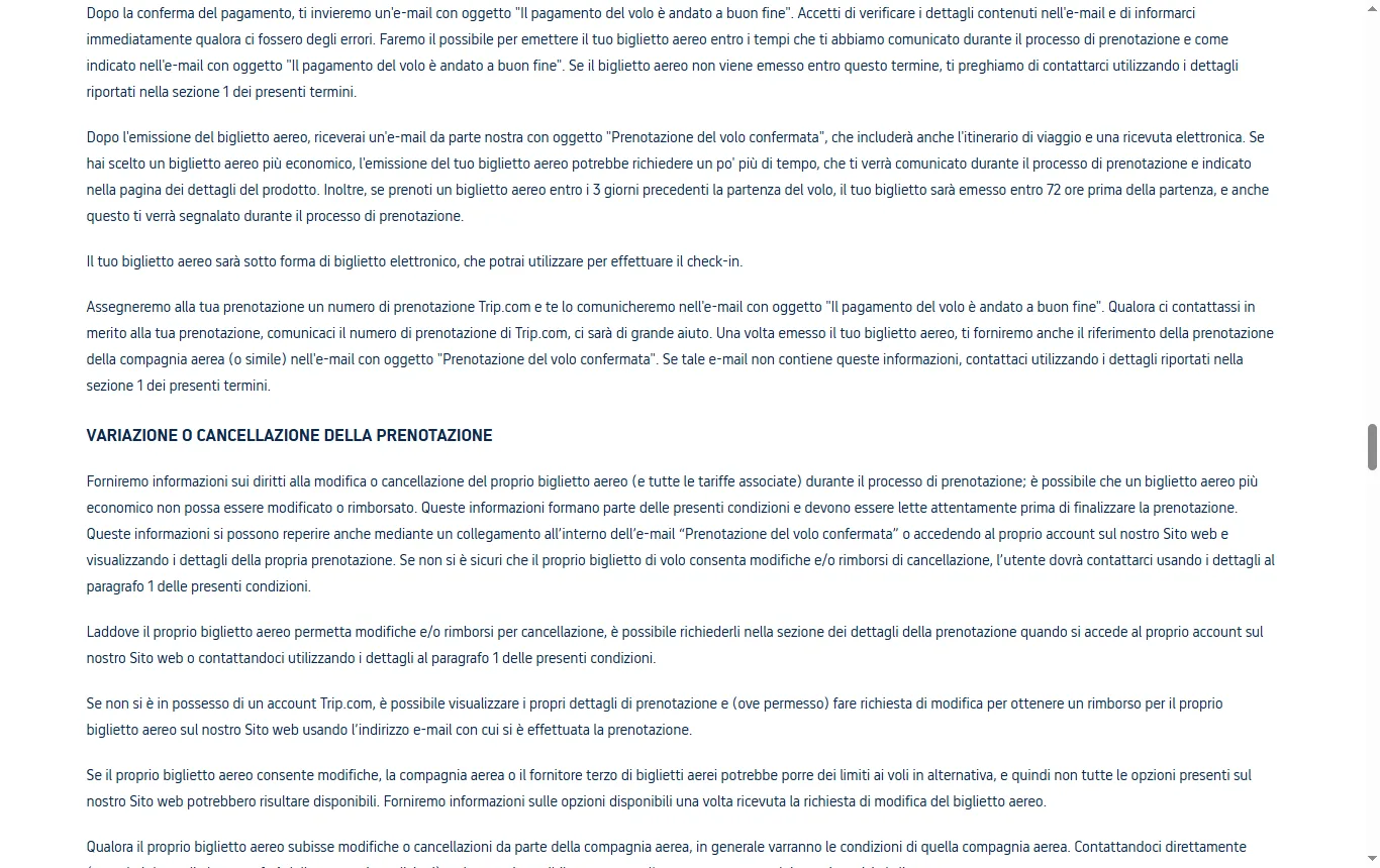 Schermata di it.trip.com : condizioni generali di it.trip.com (it.trip.com/contents/service-guideline/terms.html), passaggio sull'intermediazione e sulle modifiche e cancellazioni