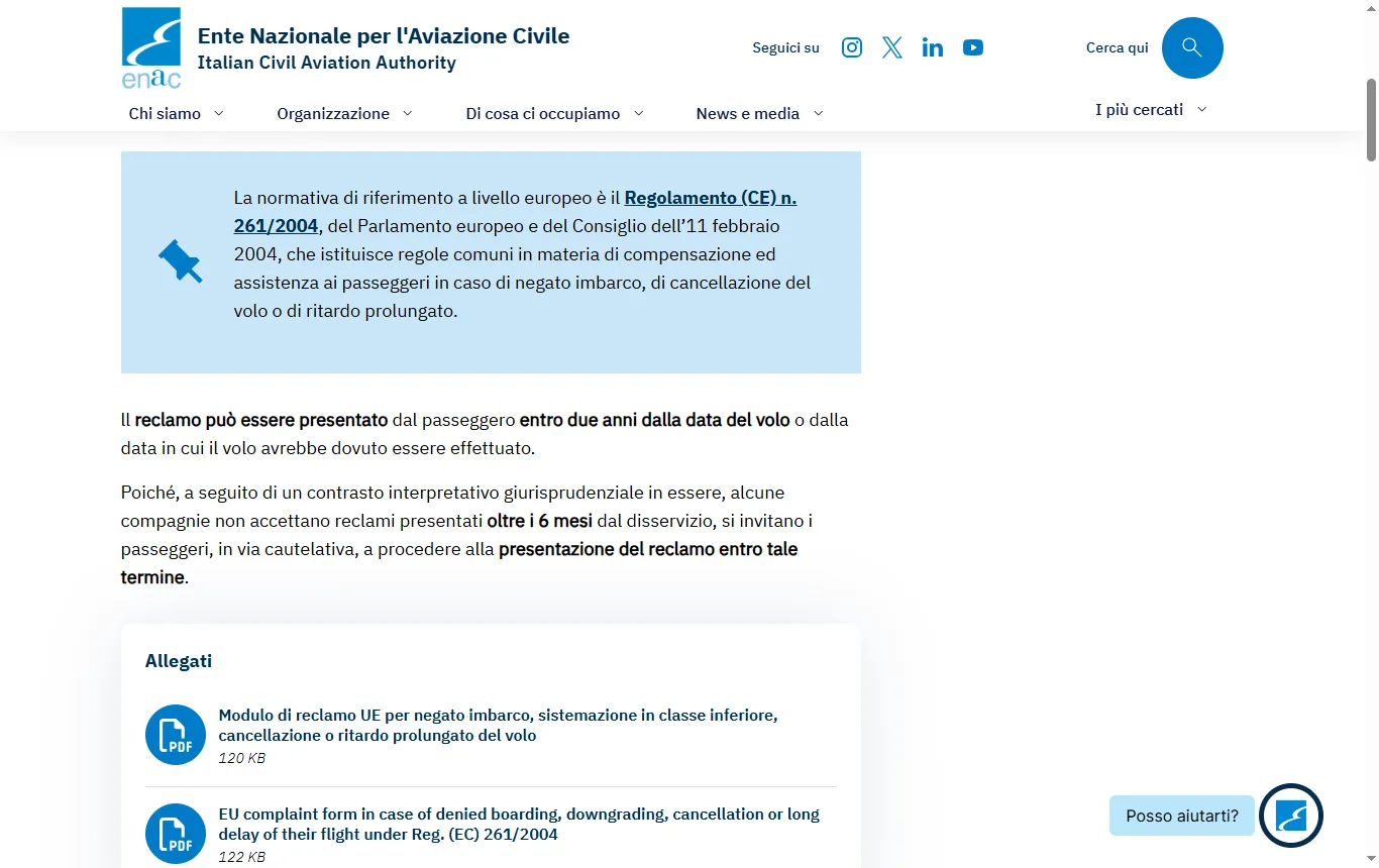 Schermata di enac.gov.it : pagina ENAC sulle modalità di reclamo (enac.gov.it), elenco dei passaggi con i termini di due anni, sei mesi consigliati e sei settimane
