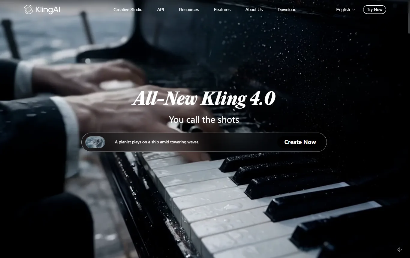 Screenshot of kling.ai : page d'accueil kling.ai, bloc de présentation des modèles Kling 4.0 et Kling Image 3.0 avec le bouton « Try Now » ; programme go : kling