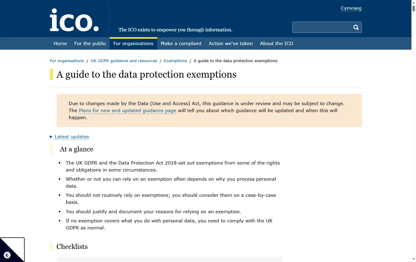 Screenshot of ico.org.uk : page ICO « A guide to the data protection exemptions » (ico.org.uk), passage sur l'exemption pour une activité purement personnelle ou domestique