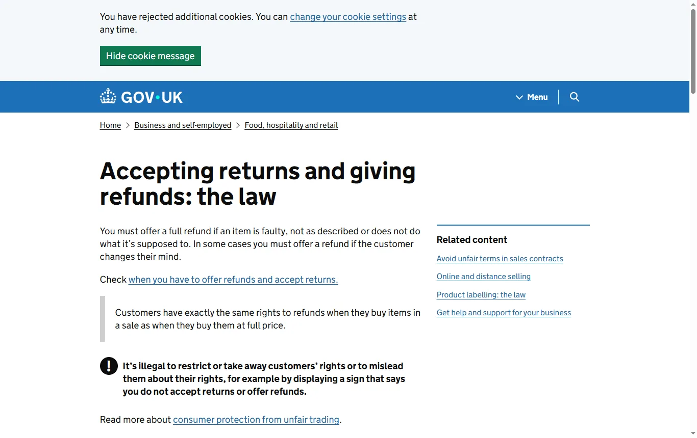 Screenshot of gov.uk : page « Accepting returns and giving refunds » (gov.uk/accepting-returns-and-giving-refunds), droits et obligations en cas de retour