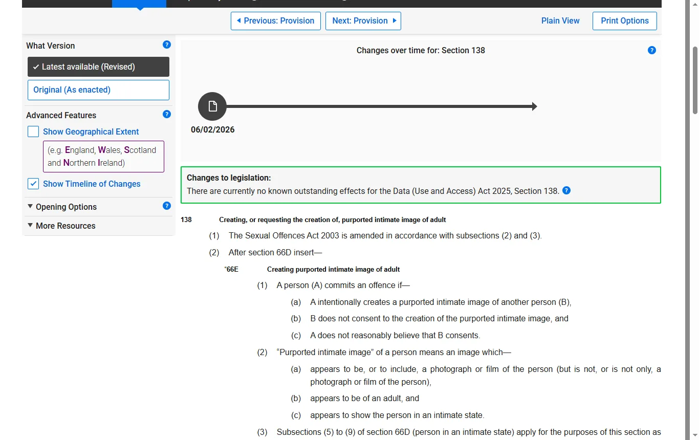 Screenshot of legislation.gov.uk : page legislation.gov.uk de la section 138 du Data (Use and Access) Act 2025 (legislation.gov.uk/ukpga/2025/18/section/138, URL à confirmer), texte de l'infraction et date d'entrée en vigueur