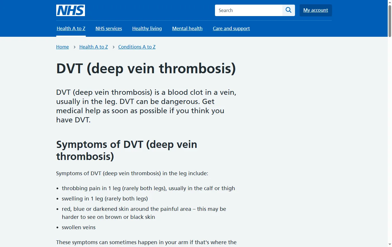 Screenshot of nhs.uk : page « Deep vein thrombosis (DVT) » (nhs.uk/conditions/deep-vein-thrombosis-dvt/), rubrique « Symptoms of DVT » et conduite à tenir (111, 999)