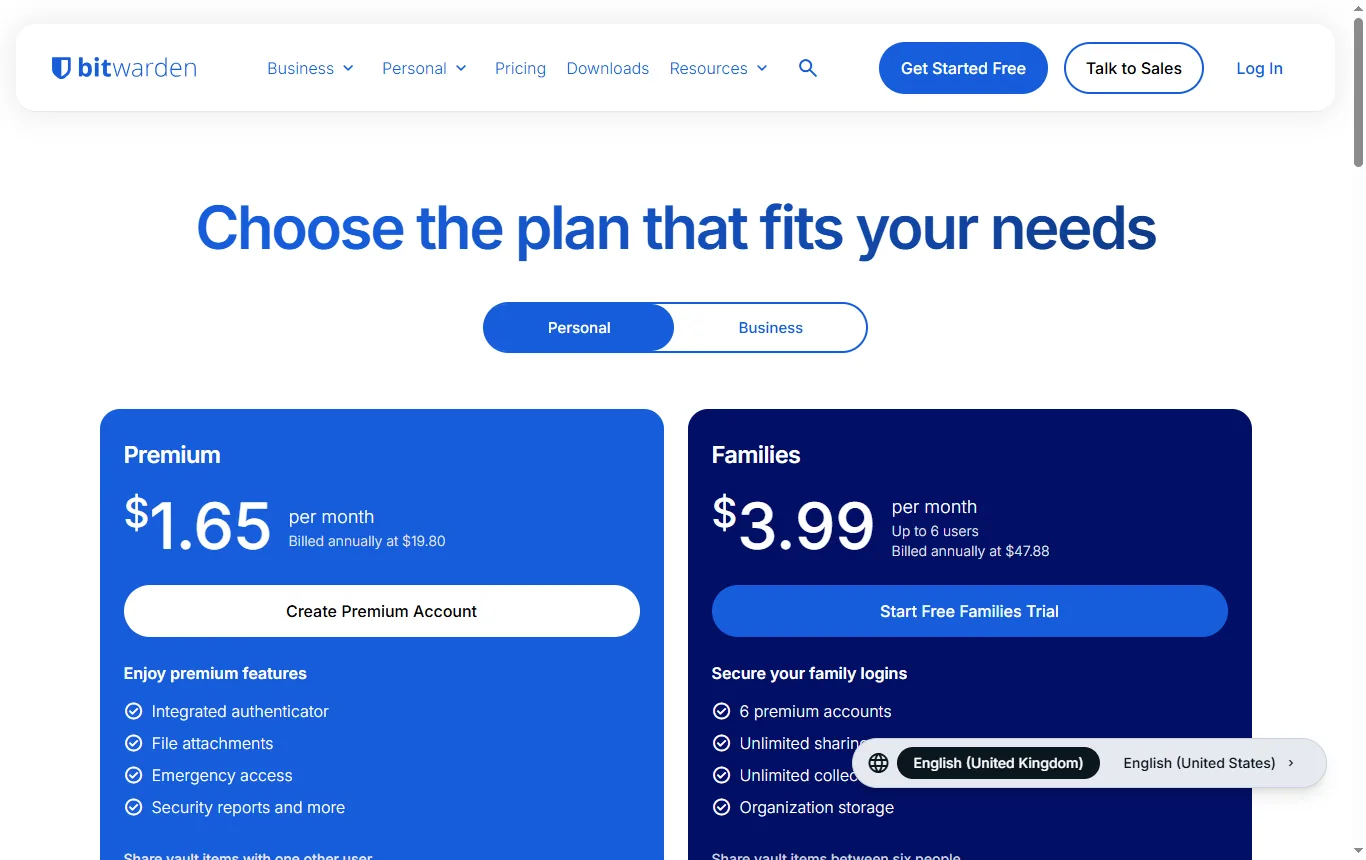 Screenshot of bitwarden.com : page des tarifs (bitwarden.com/pricing/), colonne du plan gratuit « unlimited devices, unlimited passwords »