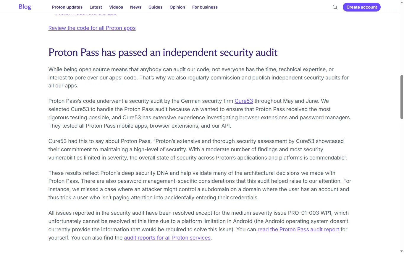 Screenshot of proton.me : article de blog « Proton Pass open source and security audit » (proton.me/blog/pass-open-source-security-audit), passage sur l'audit Cure53 de mai-juin 2023, le mot « commendable » et le point de gravité moyenne resté ouvert