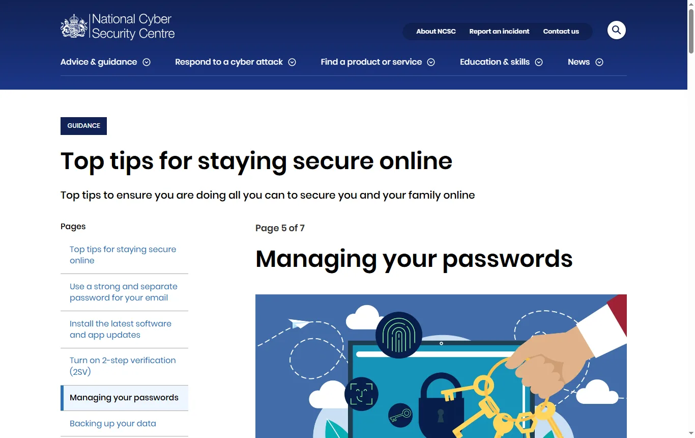 Screenshot of ncsc.gov.uk : page « Managing your passwords » (ncsc.gov.uk/collection/top-tips-for-staying-secure-online/password-managers), rubriques sur les gestionnaires de mots de passe, le mot de passe principal et la vérification en deux étapes