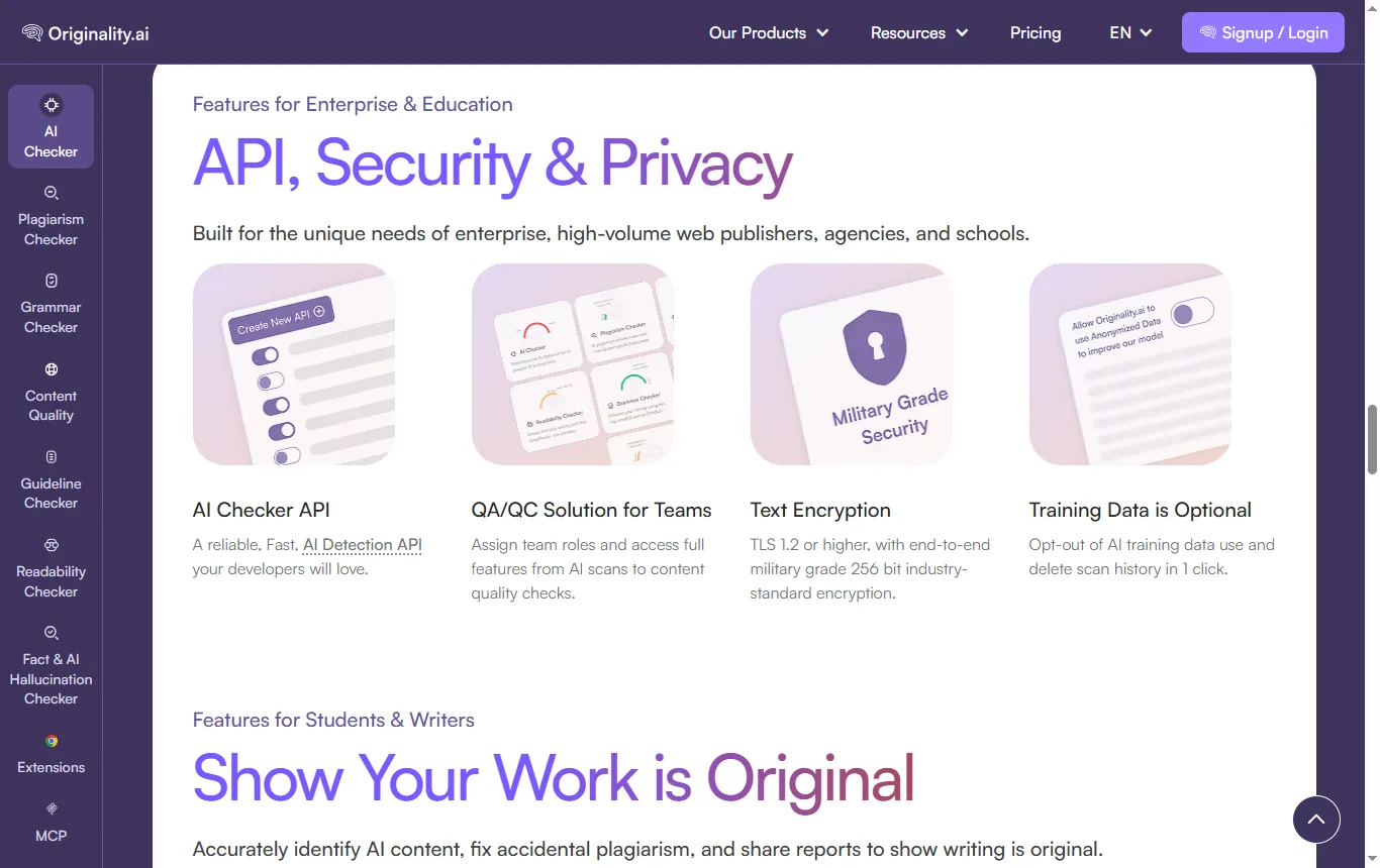 Screenshot of originality.ai : page d'accueil d'Originality.ai, bloc sur le chiffrement des textes et la suppression de l'historique des scans