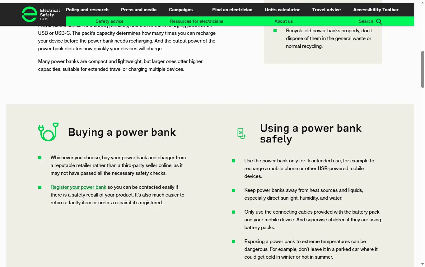 Screenshot of electricalsafetyfirst.org.uk : page d'Electrical Safety First sur la sécurité des batteries externes (power banks), liste des conseils de bon usage