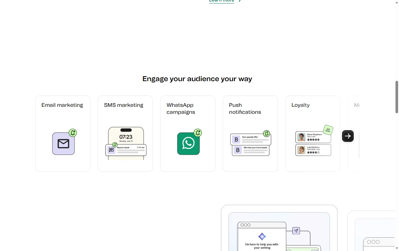 Screenshot of brevo.com : page d'accueil brevo.com, bloc de présentation des fonctions d'e-mailing et d'automatisation