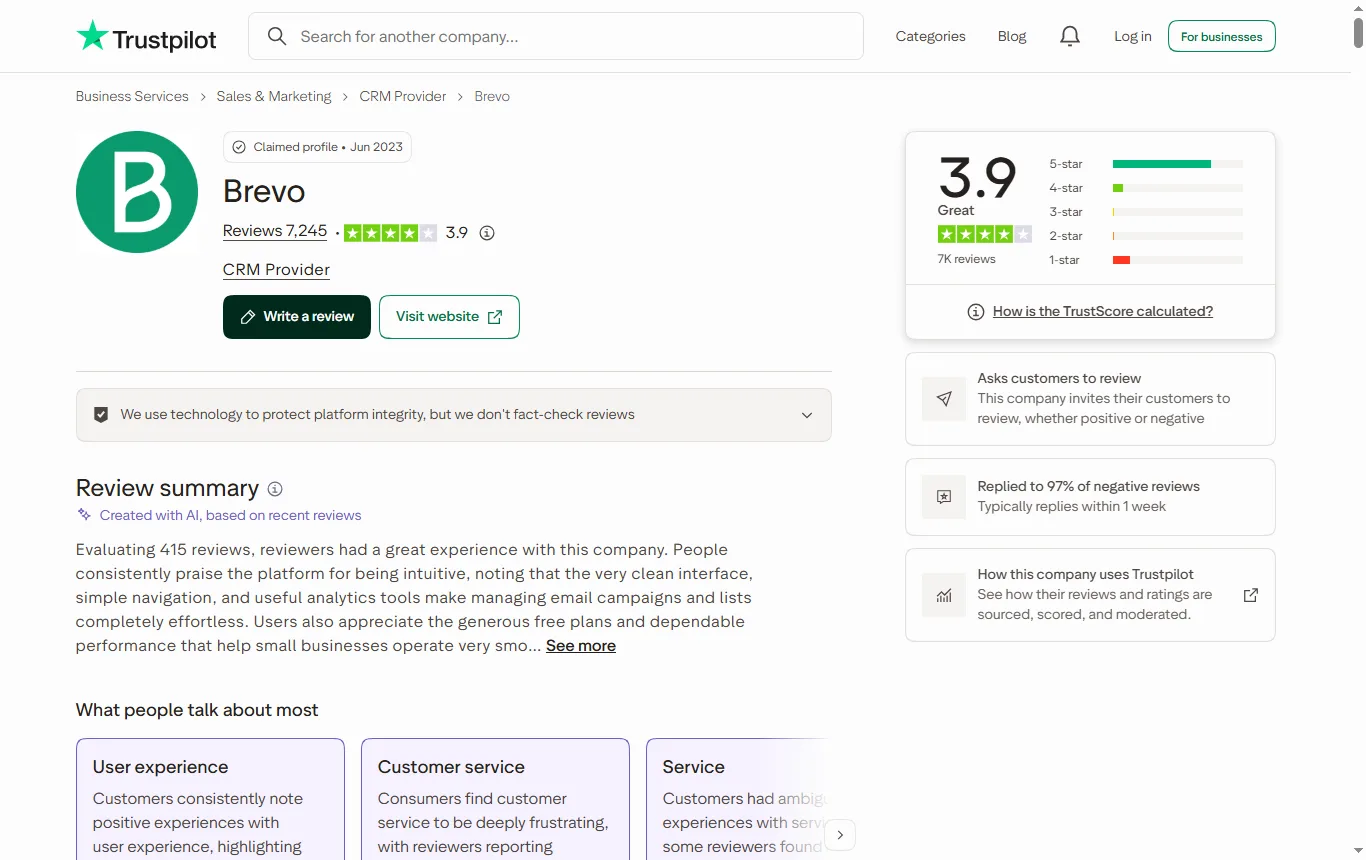 Screenshot of trustpilot.com : page Trustpilot UK de Brevo avec la note et le nombre d'avis