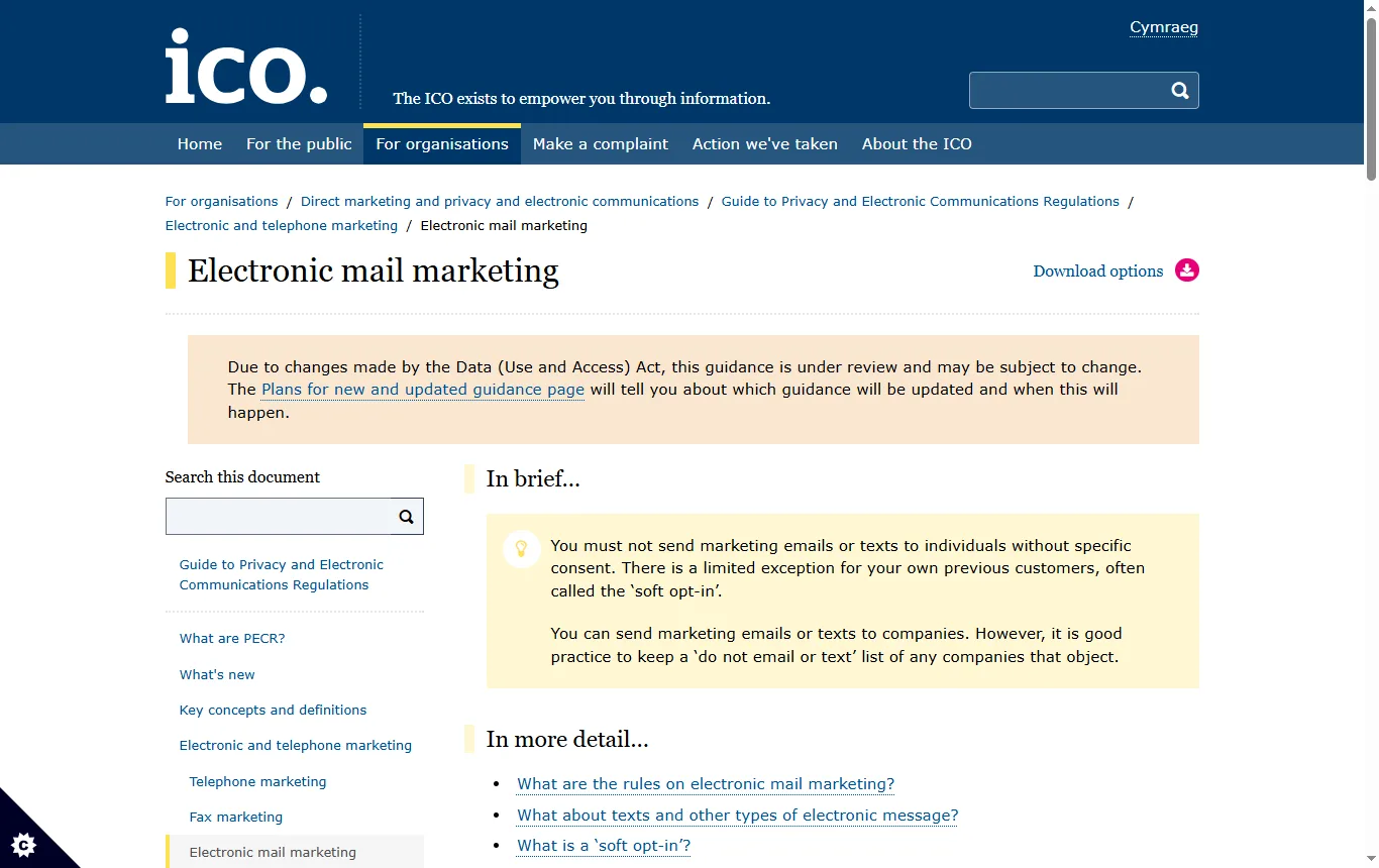 Screenshot of ico.org.uk : page ICO « Electronic mail marketing » (ico.org.uk), passages sur le consentement et le soft opt-in