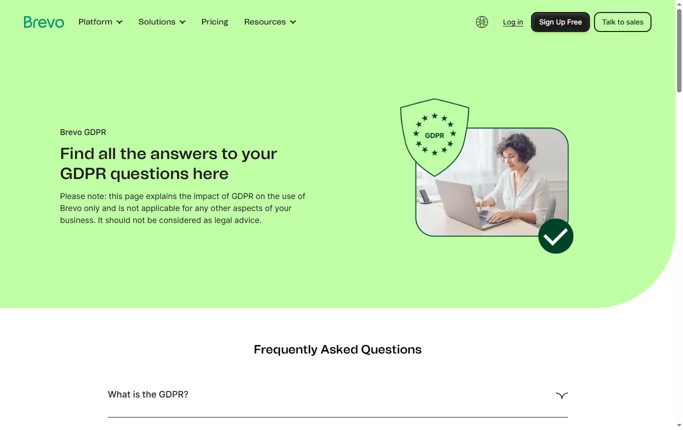 Screenshot of brevo.com : page de Brevo sur la conformité au RGPD (brevo.com/company/gdpr), passage sur la conformité depuis le 25 mai 2018 et l'effacement sous 30 jours