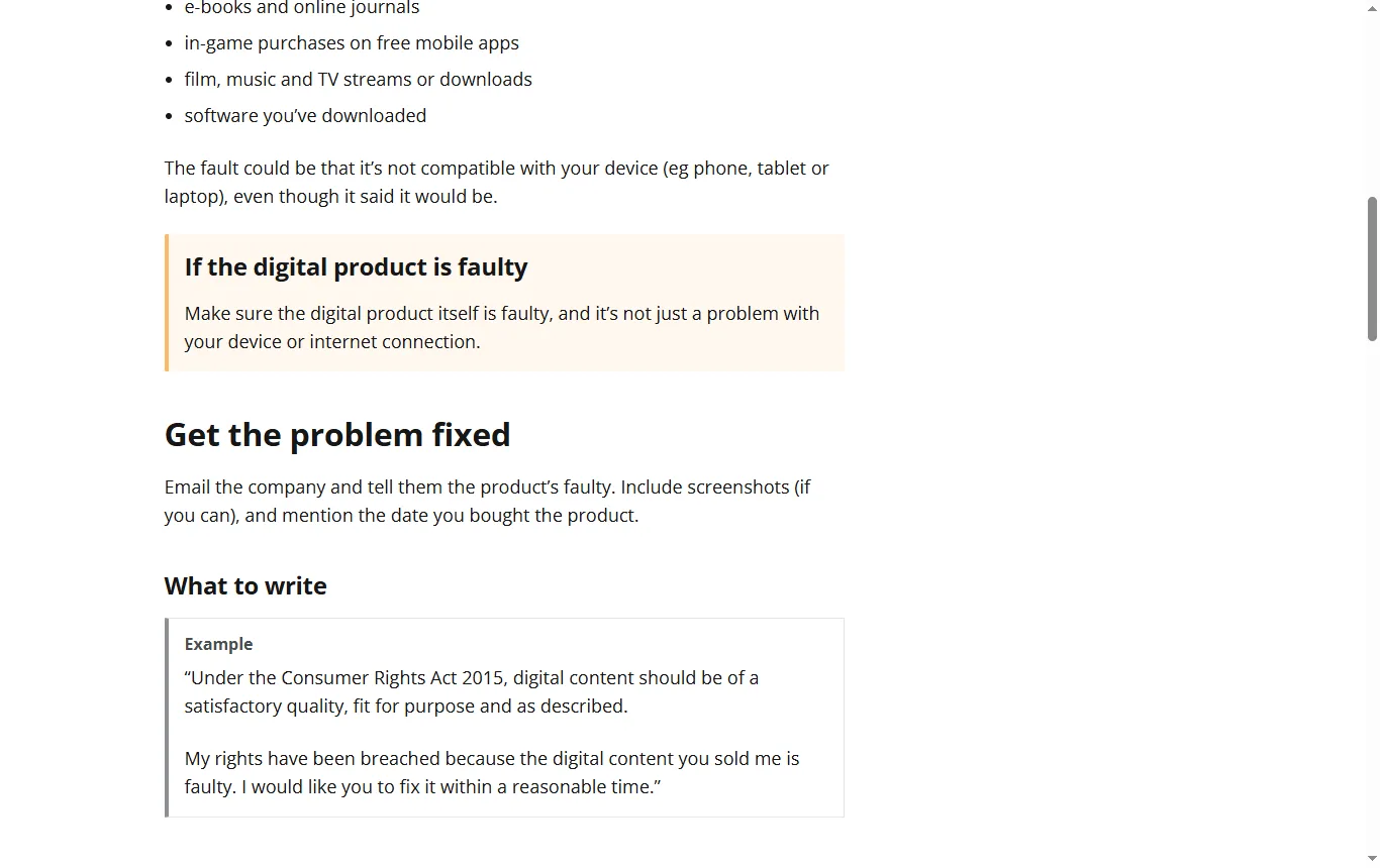 Screenshot of citizensadvice.org.uk : page Citizens Advice « Problem with an app, software or download », paragraphes sur la réparation, le remboursement partiel et le chargeback