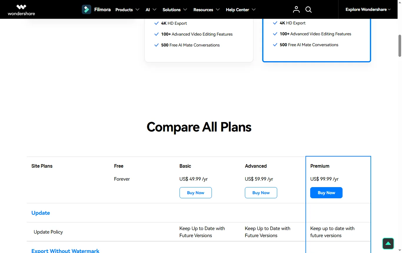 Screenshot of filmora.wondershare.com : page d'accueil Filmora avec la phrase sur le filigrane, et page de tarifs avec la colonne « Free Forever »
