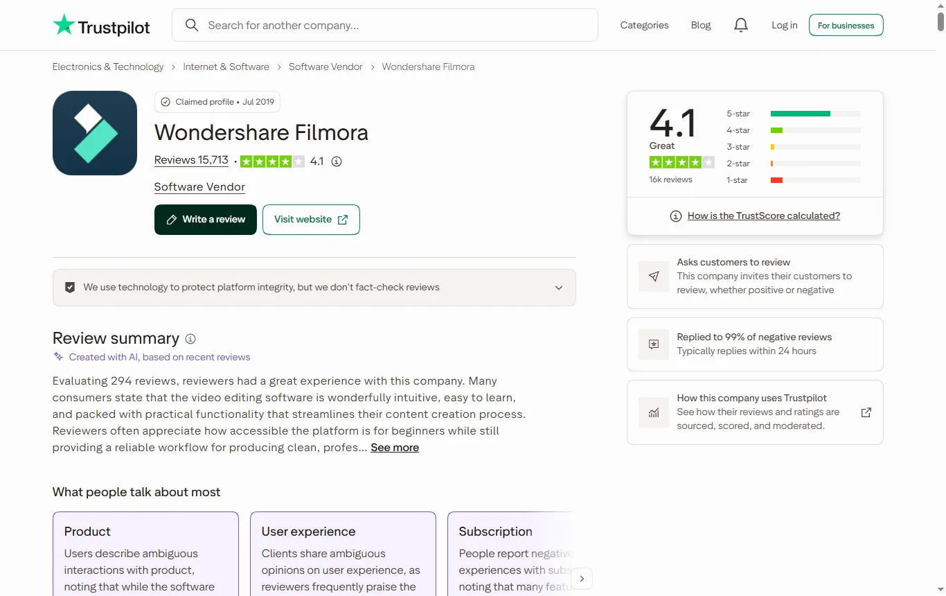 Screenshot of uk.trustpilot.com : page Trustpilot UK de Wondershare Filmora avec la note, le nombre d'avis et le résumé IA