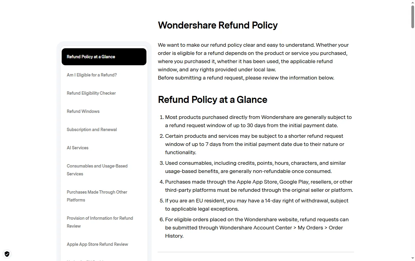 Screenshot of wondershare.com : politique de remboursement de Wondershare (wondershare.com/refund-policy.html), passages sur la fenêtre de 30 jours, les renouvellements et l'Account Center