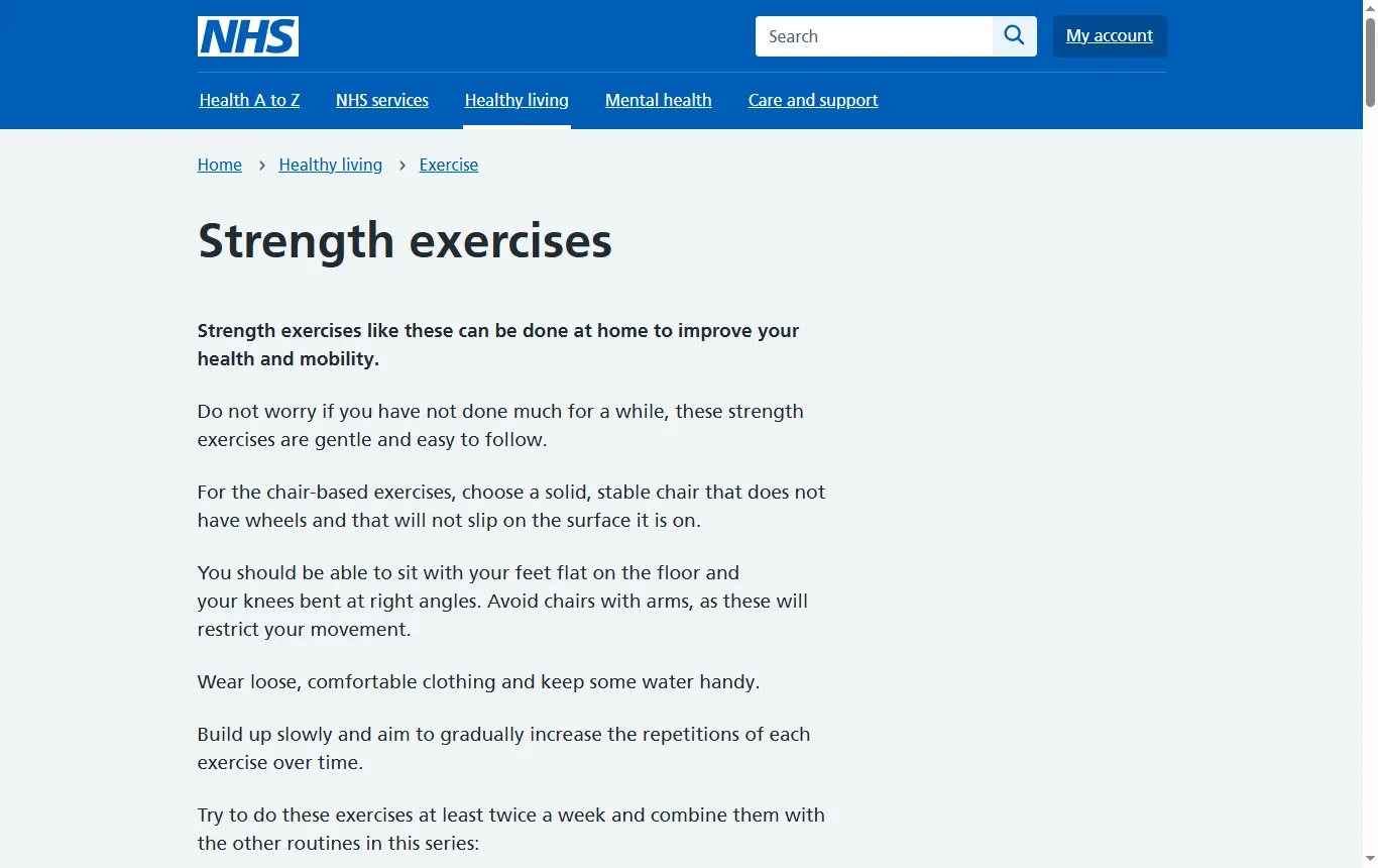 Screenshot of nhs.uk : page « Strength exercises » du NHS (nhs.uk/live-well/exercise/strength-and-flexibility-exercises/strength-exercises/), passage sur la fréquence de deux fois par semaine et la progression lente