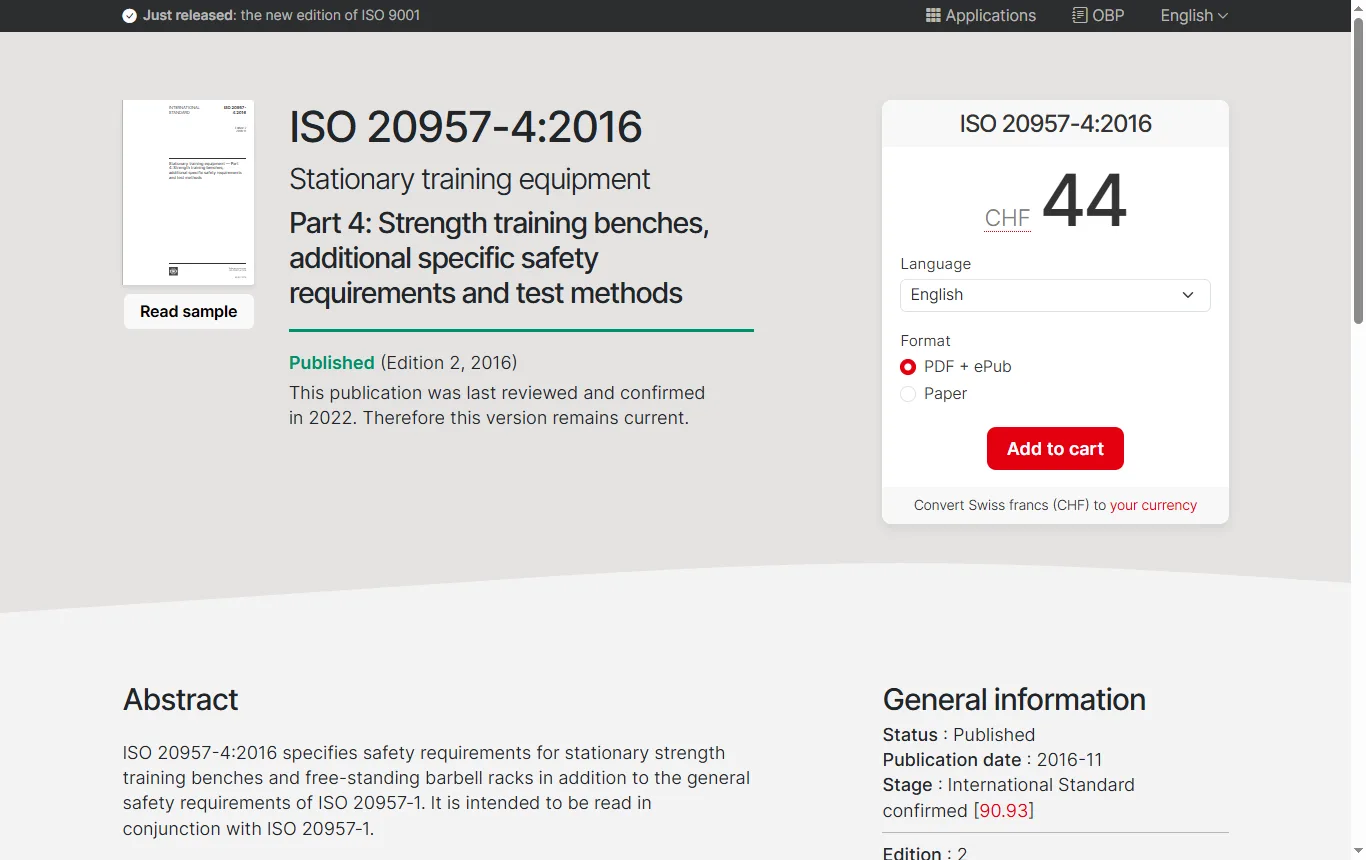 Screenshot of iso.org : page ISO de la norme ISO 20957-4:2016 sur les bancs de musculation (iso.org/standard/66870.html), résumé du domaine d'application et classes S, H et I