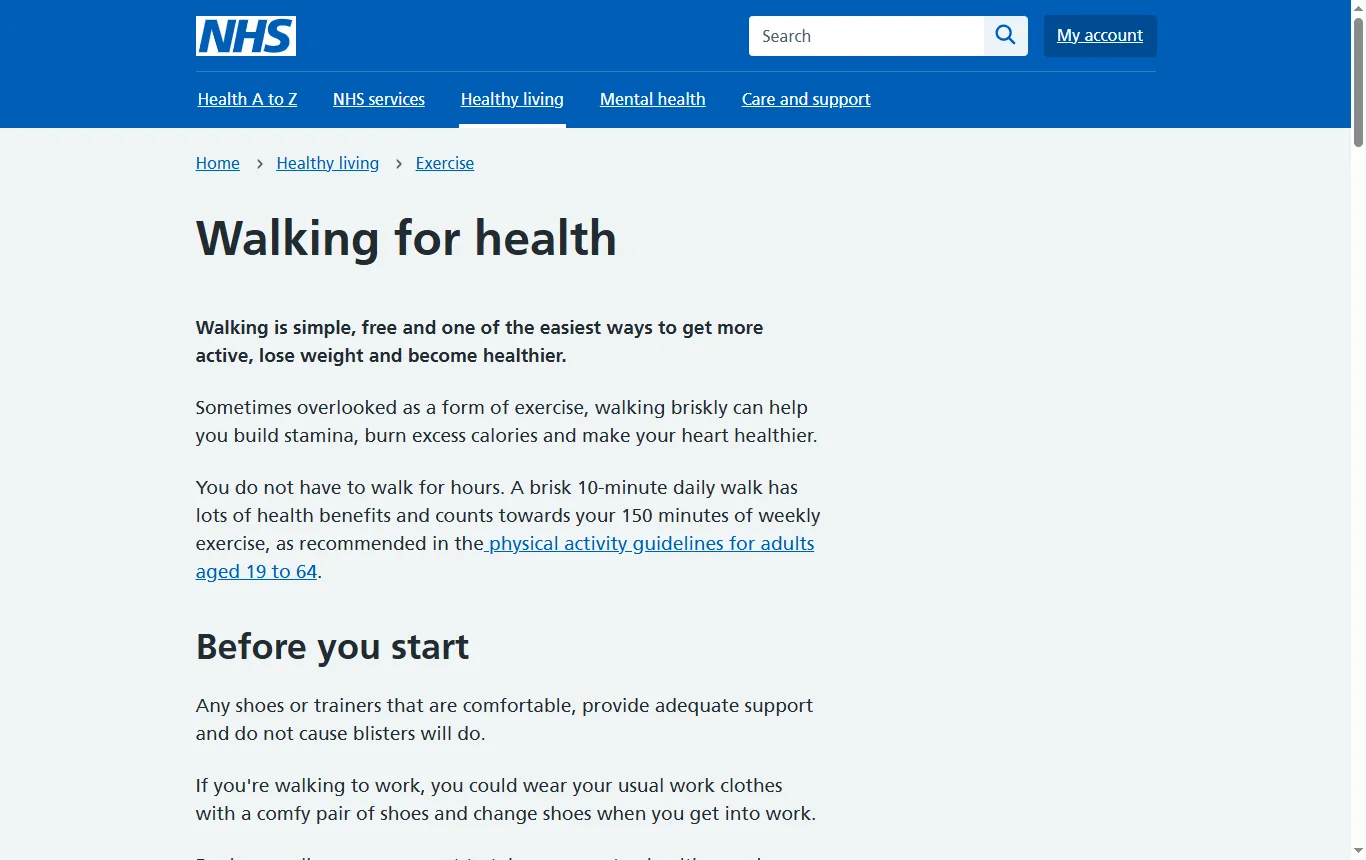 Screenshot of nhs.uk : page « Walking for health » du NHS (nhs.uk/live-well/exercise/walking-for-health/), passage sur la marche rapide à environ 3 miles par heure et les cours en piscine