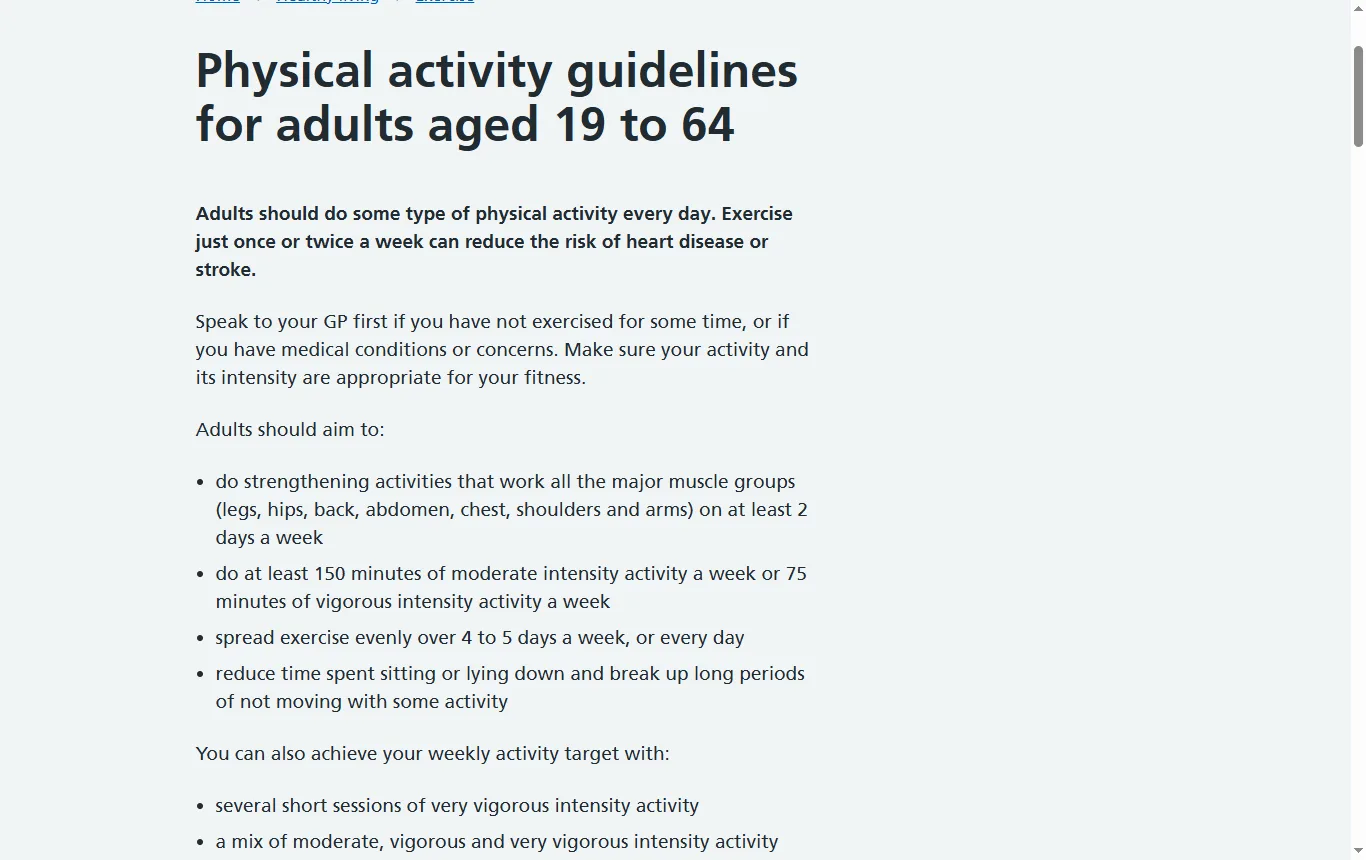 Screenshot of nhs.uk : page « Physical activity guidelines for adults aged 19 to 64 » du NHS, recommandations de 150 minutes d'activité modérée et de renforcement deux jours par semaine