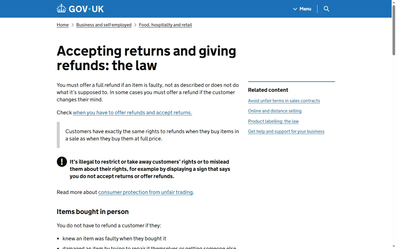 Screenshot of gov.uk : guide « Accepting returns and giving refunds » (gov.uk/accepting-returns-and-giving-refunds), liste des articles pour lesquels le remboursement n'est dû qu'en cas de défaut, dont les articles personnalisés