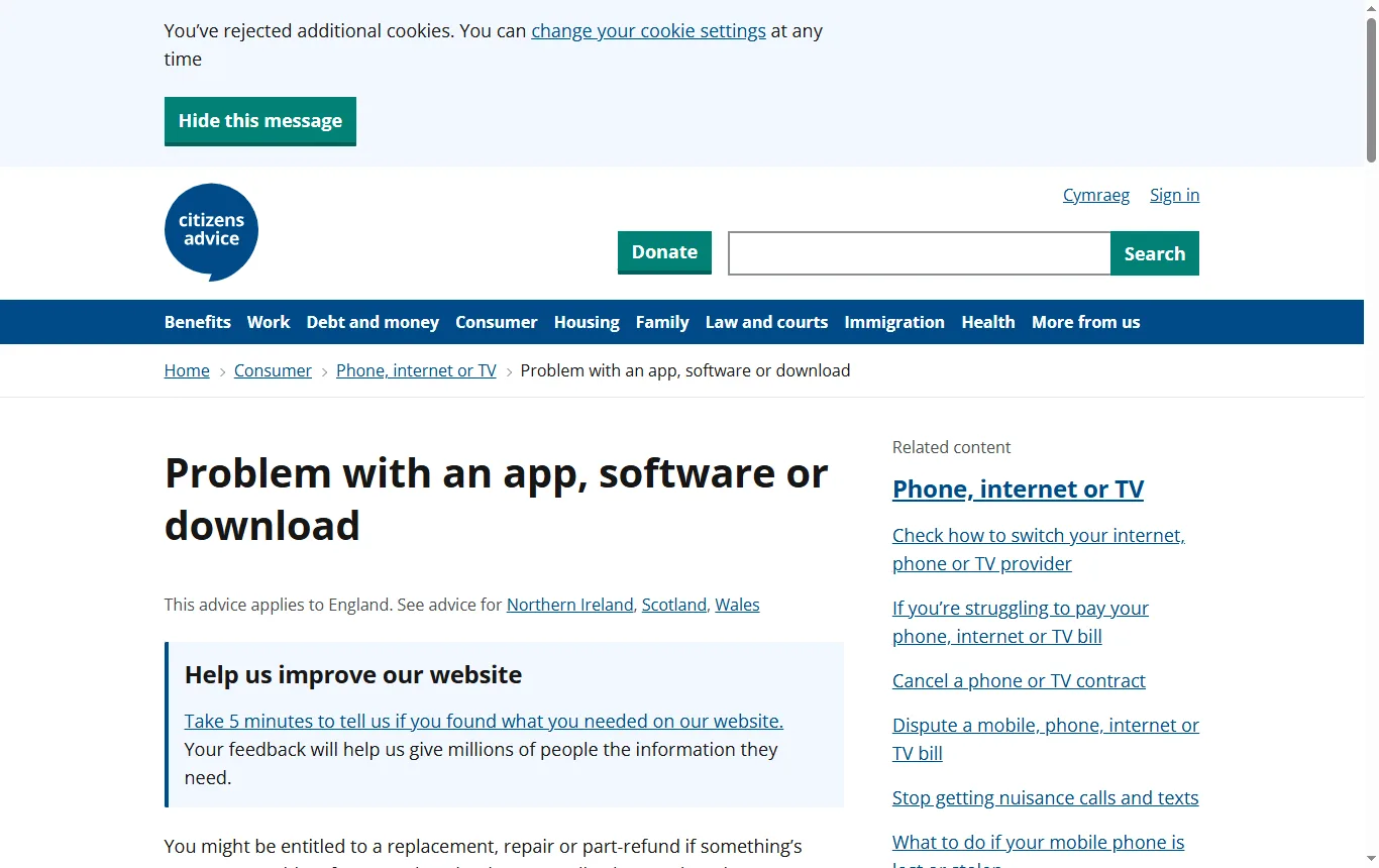Screenshot of citizensadvice.org.uk : page « Problem with an app, software or download » (citizensadvice.org.uk/consumer/phone-internet-downloads-or-tv/problem-with-an-app-software-or-download/), passage sur le contenu numérique de qualité satisfaisante, la réparation ou le remplacement puis le remboursement et le chargeback