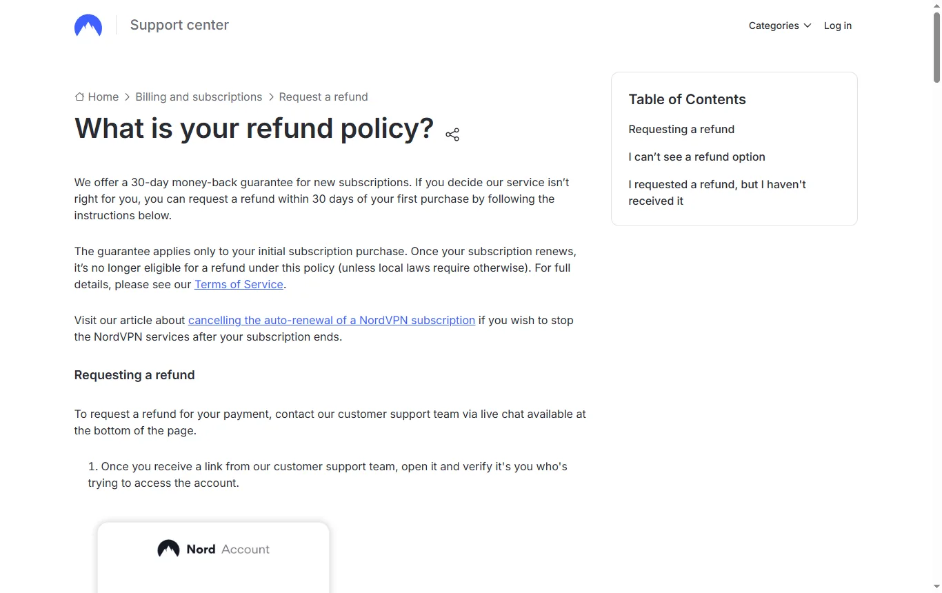 Screenshot of support.nordvpn.com : article d'aide « What is your refund policy » de NordVPN (support.nordvpn.com), tableau des moyens de paiement et délais de traitement