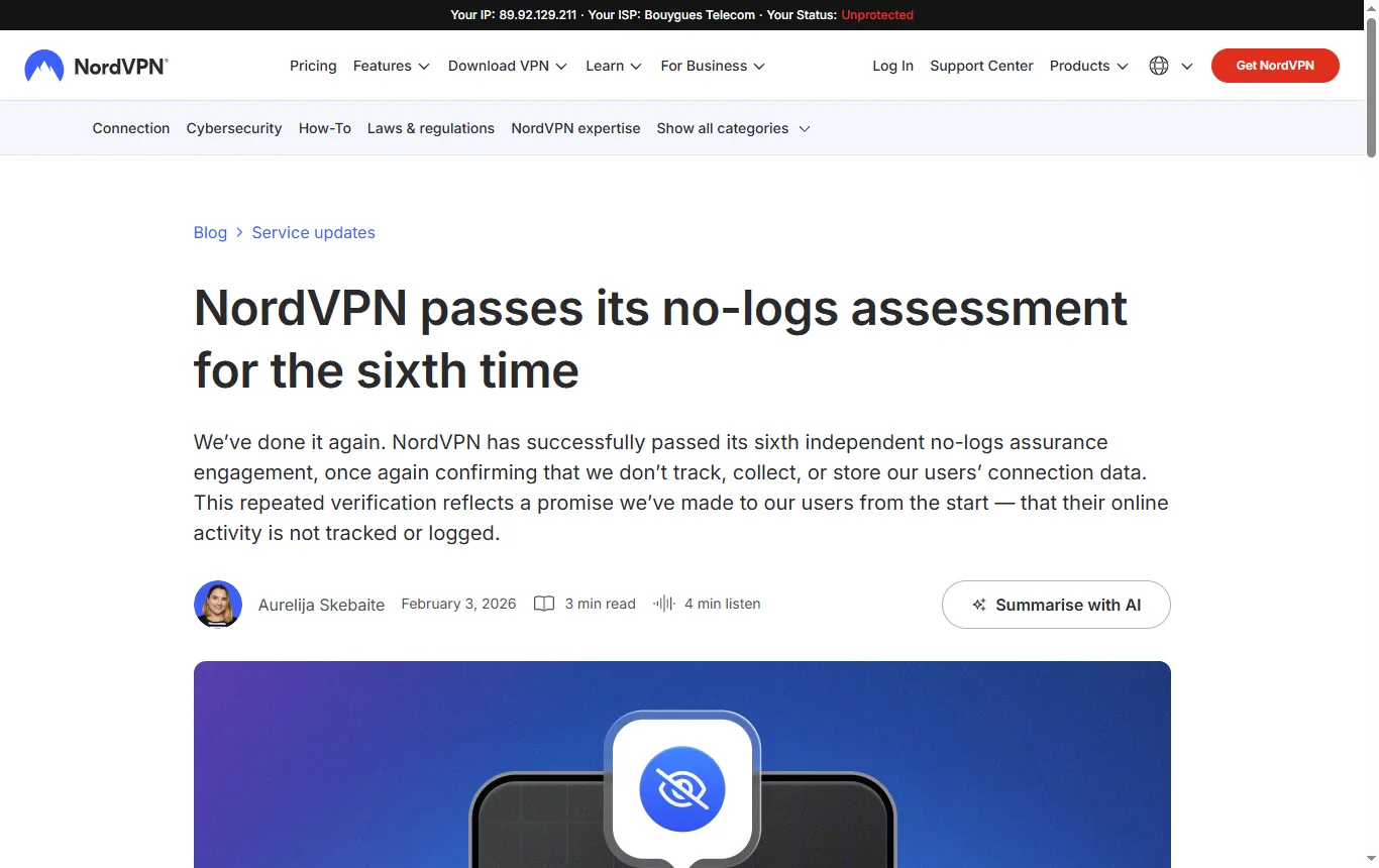 Screenshot of nordvpn.com : billet du blog NordVPN du 3 février 2026 sur l'évaluation no-logs réalisée par Deloitte Lithuania, passage sur les dates et le périmètre