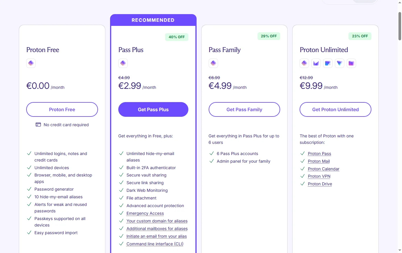 Screenshot of proton.me : page de tarifs Proton Pass (proton.me/pass/pricing), colonne Proton Free et ligne de l'authentificateur, sans montants