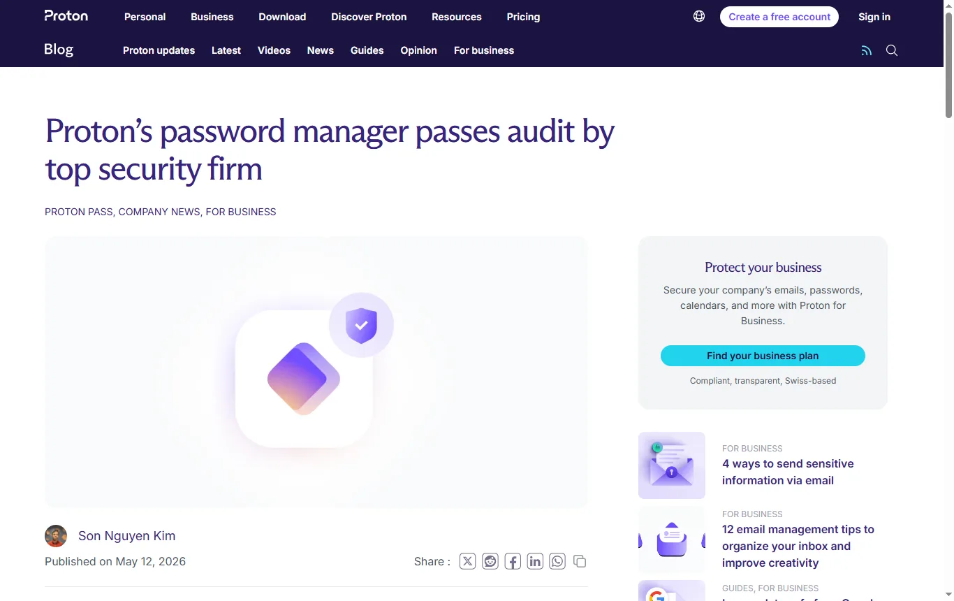 Screenshot of proton.me : article de Proton sur l'audit de Recurity Labs (proton.me/business/blog/proton-pass-audit-2026), passage de synthèse sur le périmètre et le résultat