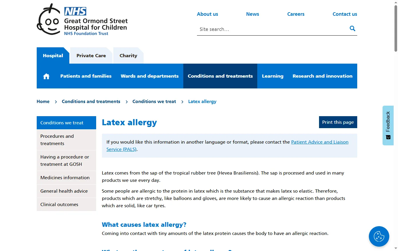 Screenshot of gosh.nhs.uk : page « Latex allergy » de Great Ormond Street Hospital (gosh.nhs.uk/conditions-and-treatments/conditions-we-treat/latex-allergy/), liste des objets pouvant contenir du latex et symptômes