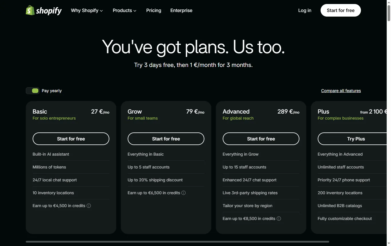 Screenshot of shopify.com : page tarifs shopify.com/uk/pricing, bascule mensuel/annuel et noms des plans Basic, Grow, Advanced et Plus visibles, montants floutés ; programme go : shopify