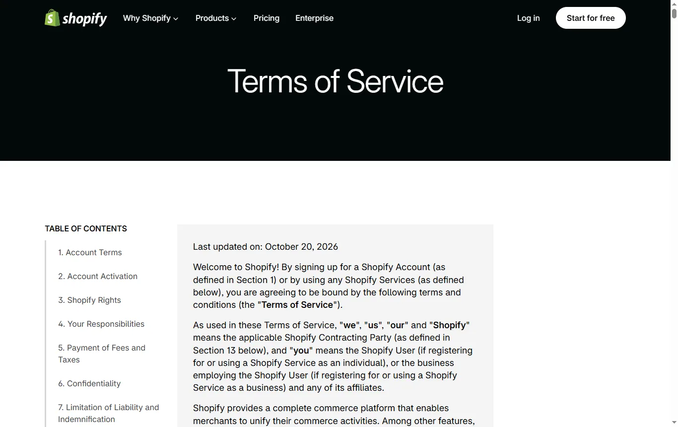 Screenshot of shopify.com : conditions de service de Shopify (shopify.com/legal/terms), section sur la facturation, la résiliation et l'absence de remboursement au prorata ; programme go : shopify