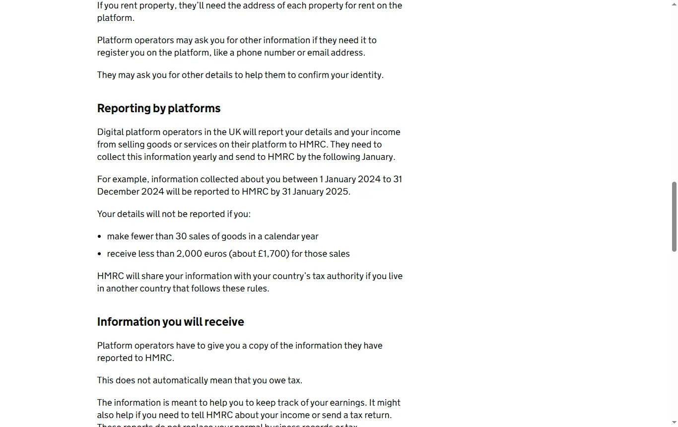 Screenshot of gov.uk : page GOV.UK « Selling goods or services on a digital platform » (gov.uk/guidance/selling-goods-or-services-on-a-digital-platform), passage sur les seuils de 30 ventes et 2 000 euros