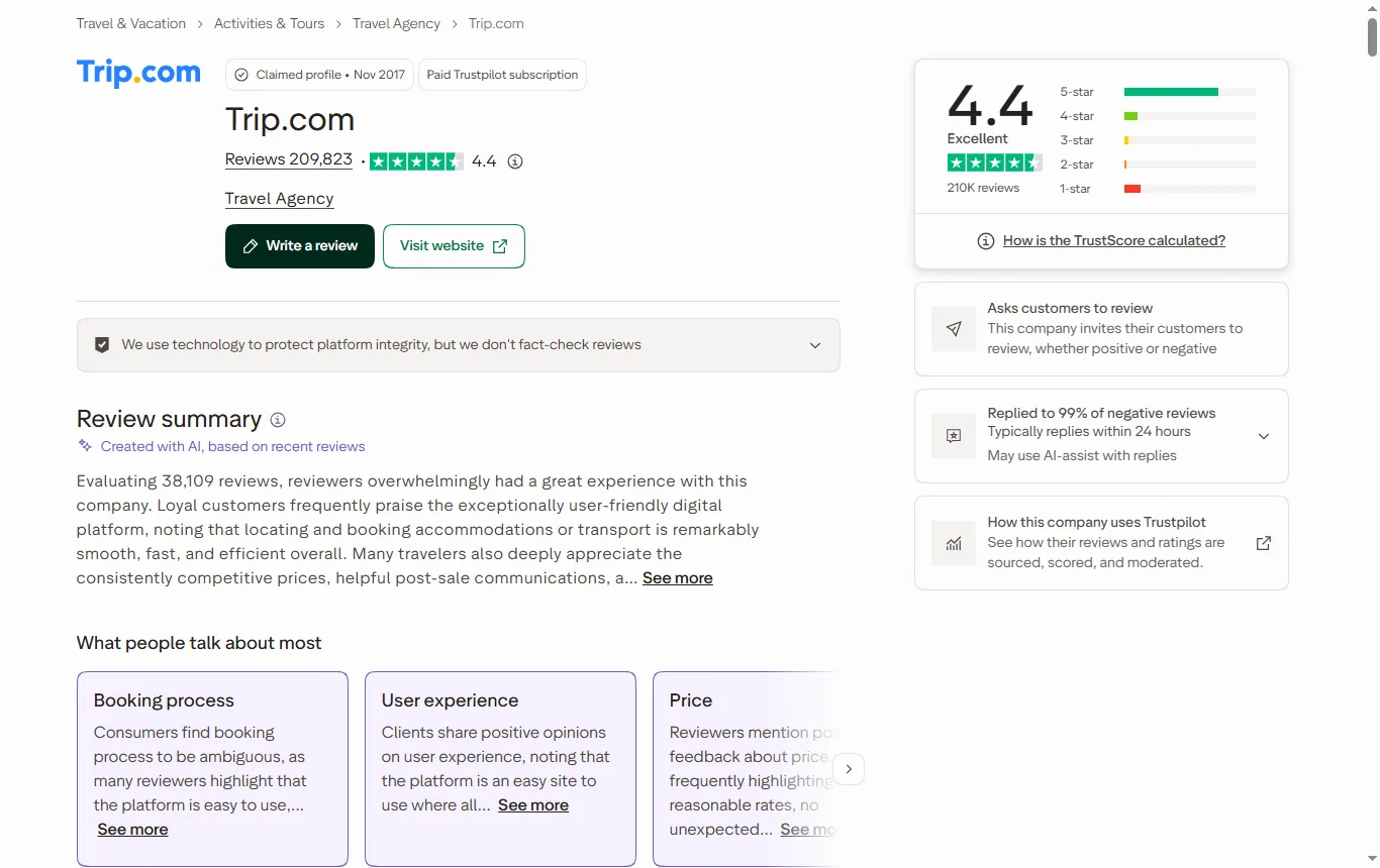Screenshot of trustpilot.com : page Trustpilot UK de Trip.com (uk.trustpilot.com/review/trip.com), en-tête avec la note, le nombre d'avis et la répartition par étoiles