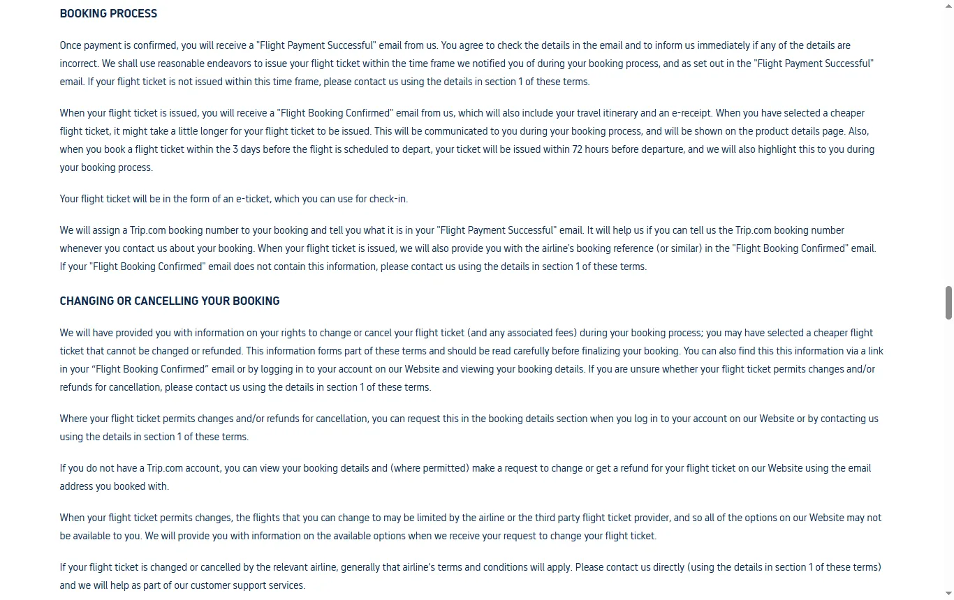 Screenshot of uk.trip.com : page des conditions de uk.trip.com (uk.trip.com/contents/service-guideline/terms.html?locale=en-GB), passage sur les annulations, les modifications et les remboursements