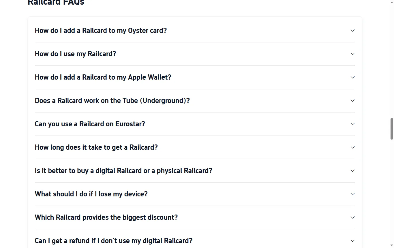 Screenshot of uk.trip.com : page Railcard de uk.trip.com (uk.trip.com/trains/uk/railcard-guide), passage sur les trajets concernés, l'exclusion d'Eurostar et le caractère non remboursable