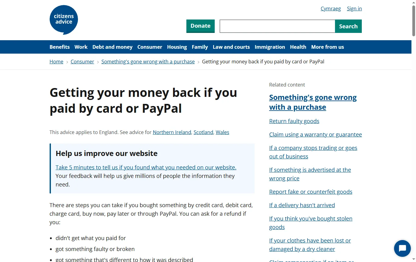 Screenshot of citizensadvice.org.uk : page Citizens Advice « Getting your money back if you paid by card or PayPal » (citizensadvice.org.uk/consumer/somethings-gone-wrong-with-a-purchase/getting-your-money-back-if-you-paid-by-card-or-paypal/), passage sur la Section 75, le chargeback et PayPal