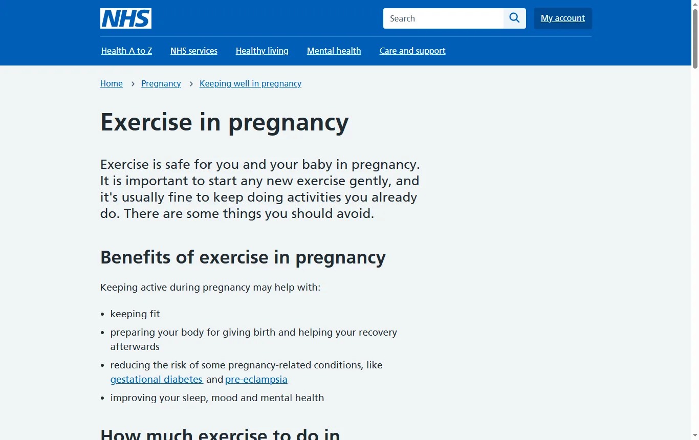 Screenshot of nhs.uk : page « Exercise in pregnancy » (nhs.uk/pregnancy/keeping-well/exercise/), passage qui compte le yoga dans les 150 minutes d'activité et renvoie à la sage-femme pour les activités adaptées
